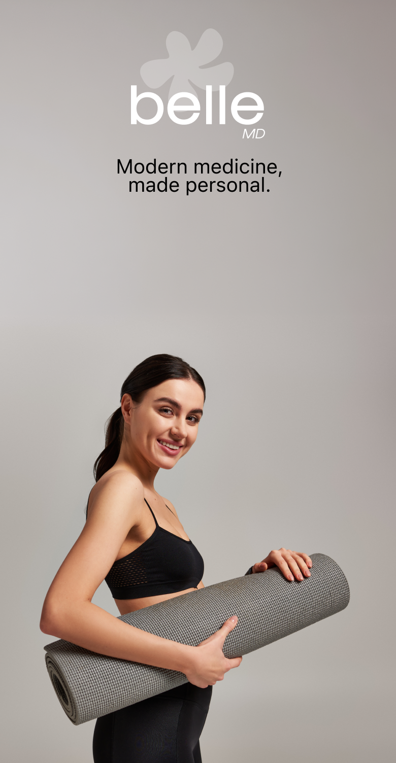 BelleMD logo and a smiling woman holding a yoga mat